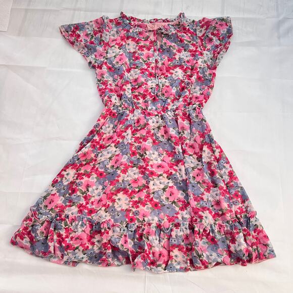 Women Floral Round Neck Short Sleeve Chiffon Elastic Waist Swing Midi Dress S - Picture 4 of 8